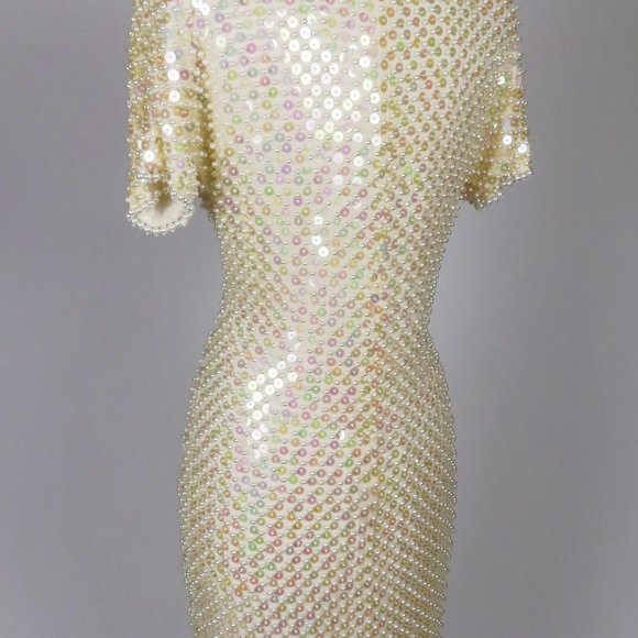 Vintage 80s Pearl Heavily Beaded Cocktail Party Prom Trophy Sheath Dress  S M - Picture 12 of 16
